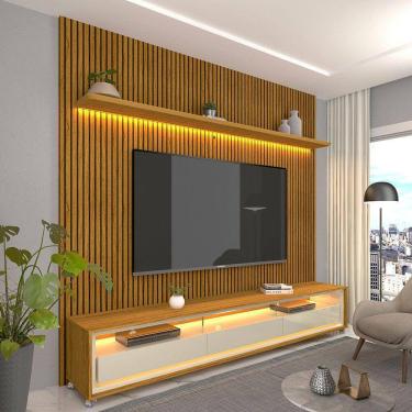 Imagem de Painel e Rack com LED e Rodízio Requinte 220 Nature Ripado Off White - Gelius	