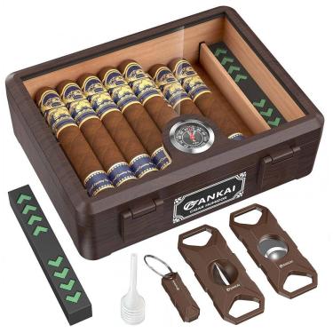 Imagem de Umidor Charutos FANKAI Marrom Cortadores Cedro Tampa Vidro