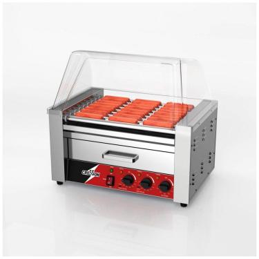 Imagem de Máquina para Hot Dog CROSSON Prata 9 Rolos Aço Inox Controle Triplo de Temperatura Gaveta Aquecedora 24 Unidades 1750W 120V