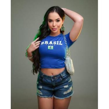 Imagem de Cropped Brasil Feminino Suplex Manga Curta Bandeira Bordada Brilho Bra