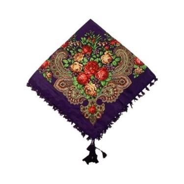 Imagem de Lenço Quadrado Floral Feminino 90x90cm Com Franjas Estilo Russo Ucrani