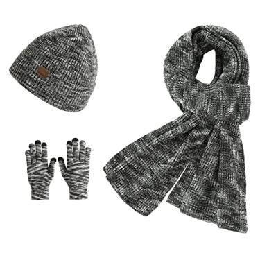 Imagem de Insun Conjunto masculino de cachecol e luvas de malha 3 em 1 cachecol térmico de inverno forrado com lã gorro luvas para tela sensível ao toque, Cinza, branco