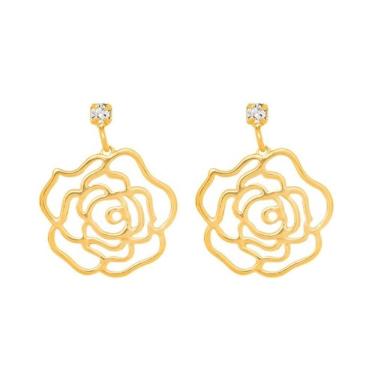 Imagem de Brinco Rommanel Banhado A Ouro 18k Cristal Com Flor Rosa Vazada 523542