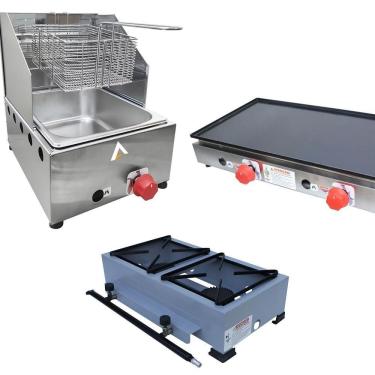 Imagem de Kit Lanchonete Fogão Portátil 2 Bocas + Chapa 60cm e Fritadeira 1 Cuba 5 Litros Alcamar