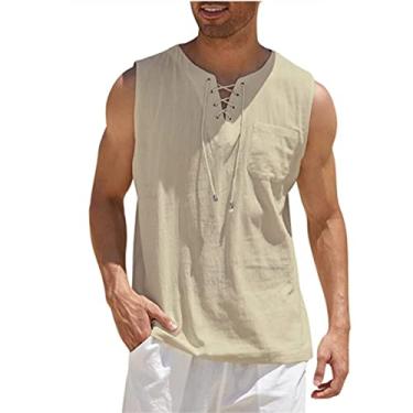Imagem de Camiseta regata masculina de algodão e linho casual sem mangas moda camisetas hippie de praia, Caqui, Large