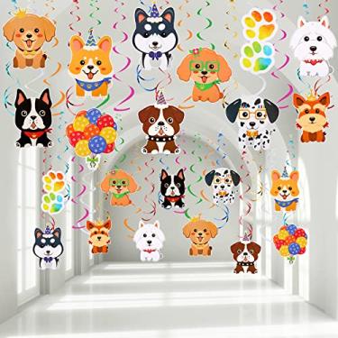 Imagem de 30 peças impressões de pata de cachorro filhote de cachorro redemoinhos pendurados decorações serpentinas de teto suprimentos de festa de aniversário para cachorro decoração de redemoinho guirlanda lembranças de festa com cartões para menina menino crianças aniversário