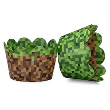 Imagem de Embrulhos de cupcake de grama de pixel com tema de mineiro para festas de aniversário de meninos, festa de aniversário vintage de 8 bits. Conjunto de 24 envoltórios reversíveis para bolos de grama de engenheiro e plástico verde para copos de bolo. Verde, marrom, cinza