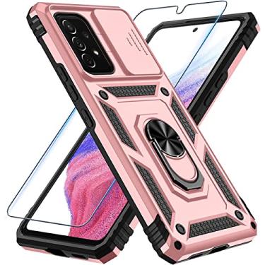 Imagem de Capa para Samsung Galaxy A53-5G capa de telefone à prova de choque de grau militar com 【360 ° suporte giratório de toque】 【Protetor de tela de vidro temperado】 (cor-de-rosa)
