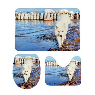Imagem de Top Carpenter Conjunto de 3 peças de tapete de banheiro antiderrapante branco Samoied Dog Walk Near The Sea Soft Contour Rug + Tampa de vaso sanitário + Tapete de banheiro para decoração de banheiro