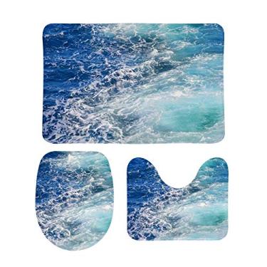 Imagem de Conjunto de tapetes de banheiro My Daily 3 peças azul-petróleo ondas do mar oceano antiderrapante tapete de contorno + tampa de vaso sanitário + tapete de banheiro