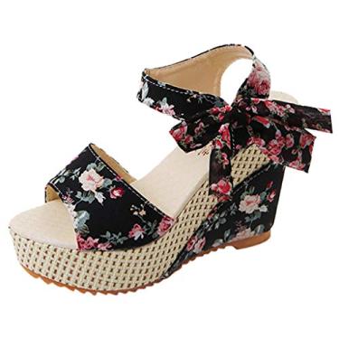 Imagem de Sapatos plataforma sapatos floral flor salto cadarço sandálias femininas anabela sandálias femininas para verão, Preto, 7.5