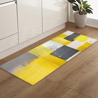 Imagem de Savannan Tapetes e tapetes de corredor, 4571 peças pintura a óleo abstrata cinza amarelo não deslizante, tapete de cozinha absorvente, tapete de porta interno com pontos de borracha, tapete de pé 45,7 x 47,2 polegadas