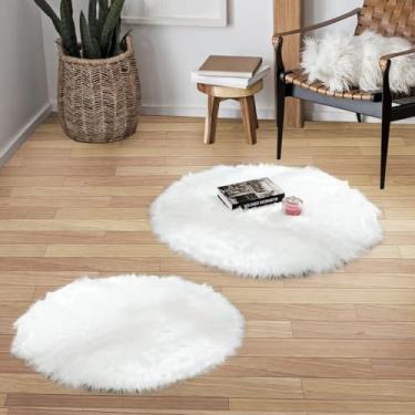Imagem de HYSEAS Pacote com 2 tapetes de pele de carneiro sintética, branco, 9,5 x 7,5 m, redondo, macio, felpudo, felpudo, tapete felpudo para piso interno, sofá, cadeira, quarto, sala de estar, decoração de