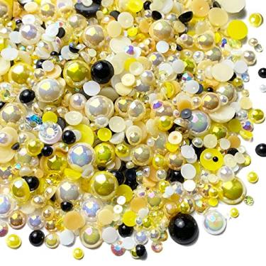 Imagem de 100g mistura de strass de resina plana meia pérola redonda tamanho misto 3mm-10mm cor AB meias pérolas strass resina para artesanato faça você mesmo arte em unhas sapatos roupas capa de telefone (série amarela)