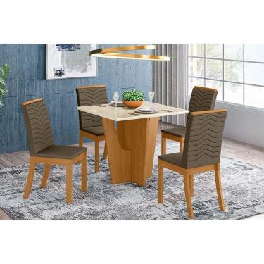 Imagem de Sala de Jantar Completa Vértice Tampo Madeirado c/ Vidro 90x90cm e 4 Cadeiras Isa Nature/Veludo Light Bege Vanilla - Henn