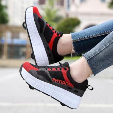 Imagem de Sapatos de patins com rodas duplas em linha retrátil automático técnico skate esporte cross trainers tênis de ginástica, vermelho 2,35 ue