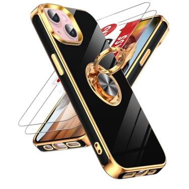 Imagem de LeYi Capa para iPhone 15 Plus 6.7: com protetor de tela de vidro temperado [2 unidades] Suporte magnético giratório de 360°, capa protetora de borda de ouro rosa para iPhone 15 Plus 6,7, preta