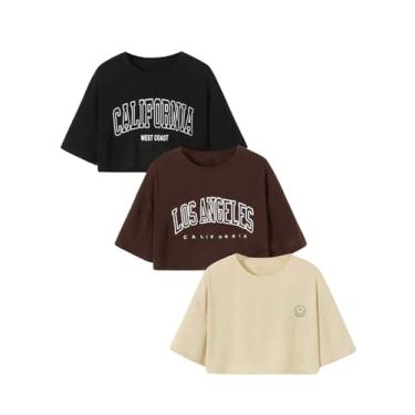 Imagem de Floerns Camisetas femininas plus size com estampa de letras, gola redonda, caimento solto, Preto, marrom, bege, XXG Plus Size