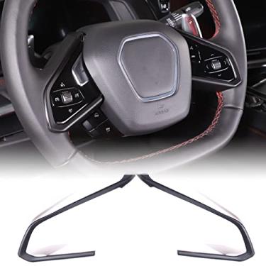 Imagem de Capa de botão de volante compatível com Chevrolet Corvette C8 2020-2023, acabamento da moldura do volante, adesivo de moldagem da moldura de proteção do painel do volante do carro (ABS-preto fosco)