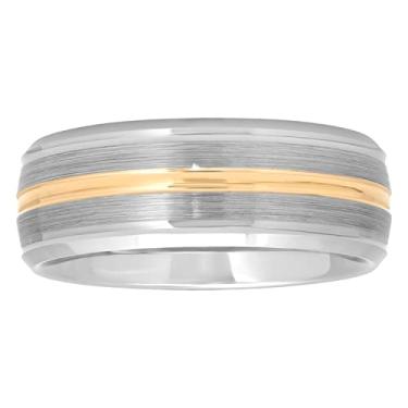 Imagem de Aliança de casamento masculina de carboneto de tântalo 8 mm com acabamento escovado acetinado em tom de ouro amarelo central, Metal, Sem pedra preciosa