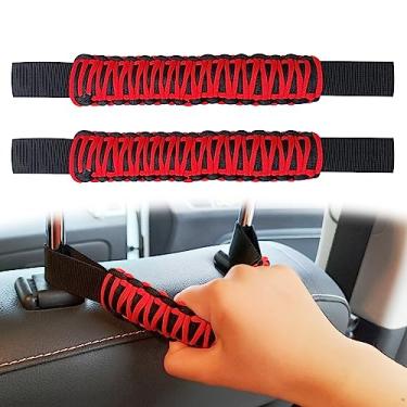 Imagem de 2 peças de alças de apoio de cabeça, kit de alças de barra de rolo de assento traseiro dianteiro do carro, alça de nylon com encosto de cabeça montado, acessórios internos automotivos resistentes universais para caminhonete SUV (vermelho)