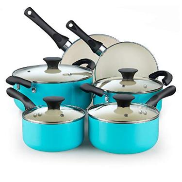 Imagem de Cook N Home Conjunto de panelas e frigideiras antiaderentes, conjuntos de panelas de cozinha de cerâmica de 10 peças, conjunto de cozinha antiaderente com panelas, frigideiras, panela de forno holandês com tampas, turquesa