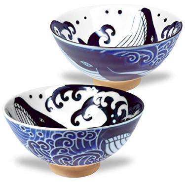 Imagem de Tigela de arroz japonesa Mino Ware, sopa de macarrão com arroz e macarrão, massa de sarada, corrente de baleia ondulada, 12 cm, conjunto com 2