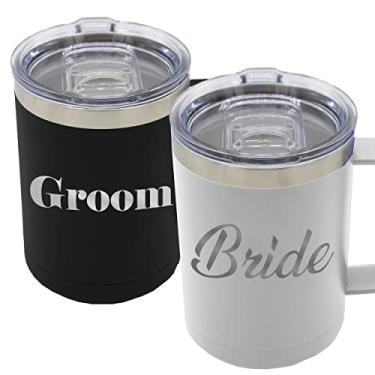 Imagem de My Personal Memories Conjunto de 2 copos de viagem com isolamento térmico para noiva e noivo - presente gravado para casamento, jantar de ensaio, lua de mel, recepção (conjunto de copo de café de 425