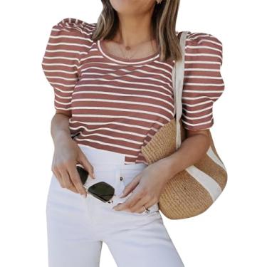 Imagem de Tankaneo Camiseta feminina casual de verão, listrada, manga curta, folgada, túnica, Vinho tinto, G