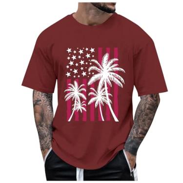 Imagem de Camisetas masculinas com bandeira do Dia da Independência estampada 1776 manga curta camisetas casuais de verão para homens, Vinho, 3G