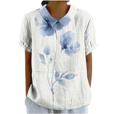 Imagem de Camisetas femininas de linho de algodão 2024 lapela manga curta blusas elegantes para trabalho casual confortável verão túnica tops, #13 - roxo, GG