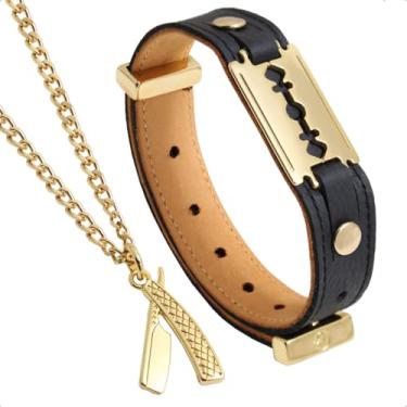 Imagem de GRANADO ACESSÓRIOS, Kit Pulseira e Colar Couro Preto Lâmina Barbeiro Dourado Pingente Navalhete - AM