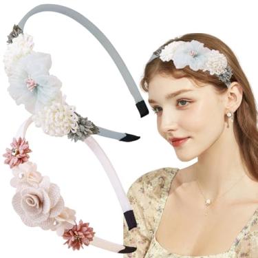 Imagem de 2 peças de faixa de cabelo com flores de rosa, coroa de flores, coroa de flores, boho, faixa de cabeça floral, azul, branca, antiderrapante, acessórios de cabelo para primavera e verão, para mulheres