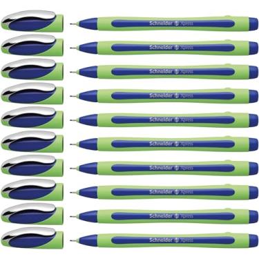 Imagem de Schneider Fineliner premium Xpress, ponta porosa de 0,8 mm, barril verde claro, tinta azul, caixa com 10 canetas (190003)