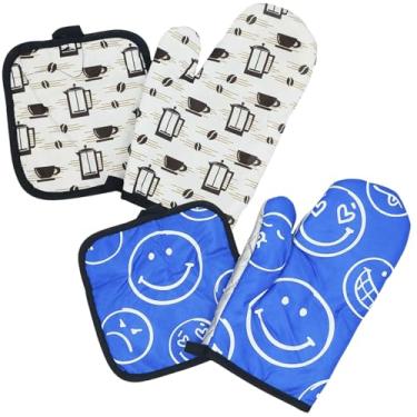 Imagem de Kit 2 Luvas Térmicas com Pegador/Descanso de Panela Para Cozinha de Poliéster Para Panelas Travessas e Formas Quentes Estampada Para Forno Fogão e Churrasqueira (Cafemaníaco & Emoticon)