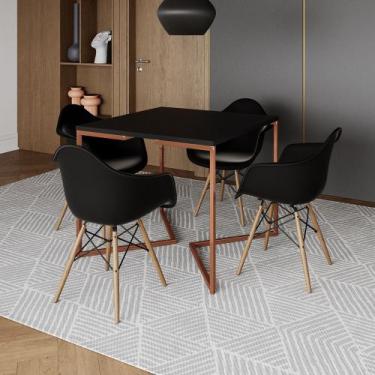 Imagem de Mesa Industrial Jantar Preta Quadrada 90cm Base Cobre V com 4 Poltrona