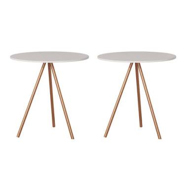 Imagem de Kit 2 Mesas Lateral Decorativa Gabriela Base Cobre Tampo Redondo Branc
