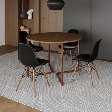 Imagem de Mesa Jantar Industrial Redonda 110cm Amêndoa Base V Cobre com 4 Cadeir