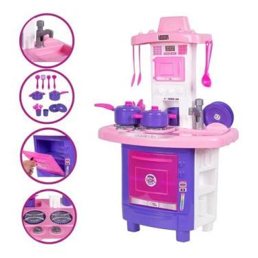 Imagem de Cozinha Infantil Menina Completa Pia Fogão Forno Sai Água Cor Rosa - P