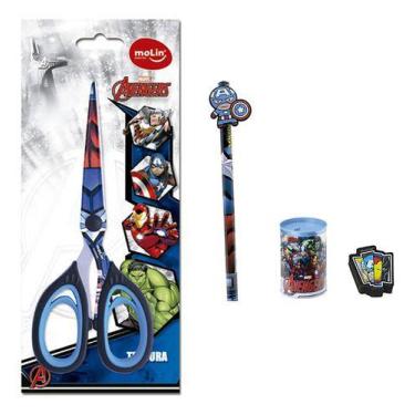Imagem de Kit Escolar Tesoura Lápis Borracha Apontador Avengers - Molin do Brasi