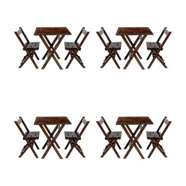 Imagem de Kit 4 Conjuntos Mesa Dobrável Para Bar E Restaurante 60x60cm Com 2 Cadeiras Em Madeira Maciça - Imbu - Marrom