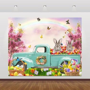 Imagem de Pano de fundo de primavera, Páscoa, tecido de poliéster, 3 x 2,4 m, caminhão, flores, floral, coelho, coelho, ovos, borboleta, pano de fundo de páscoa feliz para fotografia, sessão de fotos,