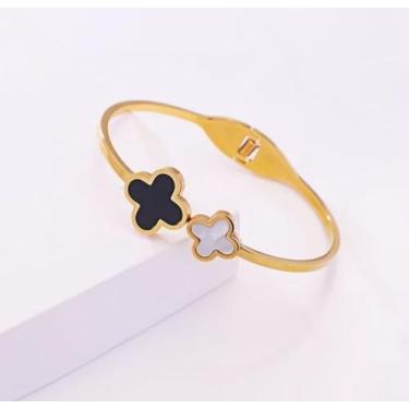 Imagem de Pulseira Bracelete Liso Dourado Feminino com Pingente Flor Trevos Pret