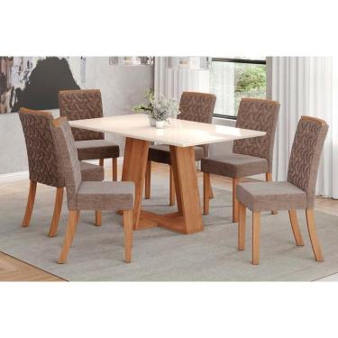 Imagem de Conjunto: Mesa de Cozinha Lins c/ Tampo Madeirado Reto 160x90cm e 6 Cadeiras Esther Nature/Linho Cacao - Henn