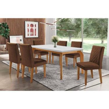 Imagem de Conjunto: Mesa de Cozinha Londrina c/ Tampo Madeirado Canto Reto 180x90cm e 6 cadeiras Jade Imbuia-Capuccino/Suede Marrom - Rufato