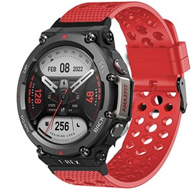 Imagem de Lamshaw Compatível com pulseiras Amazfit T-Rex 2, pulseira esportiva de substituição de silicone com fivela de metal compatível com relógio inteligente Amazfit T-Rex 2 (vermelho)