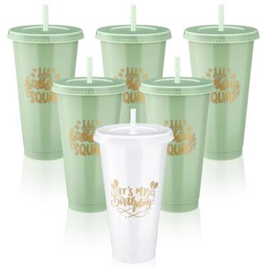 Imagem de Jingmore Copos de plástico de esquadrão de 680 g com tampa e canudo para decorações de aniversário de 20, 30, 40, 50, 60 anos, lembrancinha para mulheres e adultos (branco, verde sálvia, 6 peças)