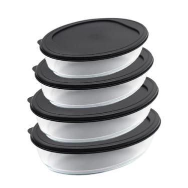 Imagem de Conjunto De Assadeiras De Vidro, 4 Peças, Refratário Oval Para Servir Forma Travessa Com Tampa Plástica Resistente Sobremesa E Assados Escritex