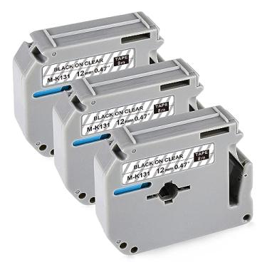 Imagem de Compatível com MK131 M-K131 Fita de etiqueta transparente Brother P Touch M Tape 12 mm 0,47 Funciona para Rotulador Brother PT-M95 PT-90 PT-70 PT-65 PT-45, 1,27 cm x 7,98 m, preto em transparente, pacote com 3
