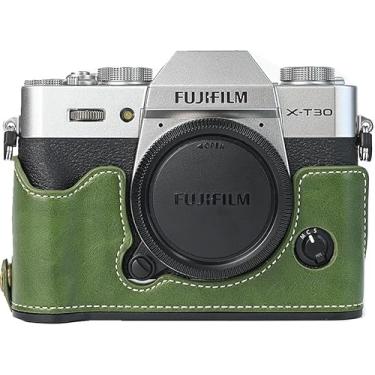 Imagem de Capa X-T30, capa BMAOLLONGB feita à mão de couro PU meia câmera versão abertura inferior para Fujifilm X-T30 XT30 com alça de mão (verde)